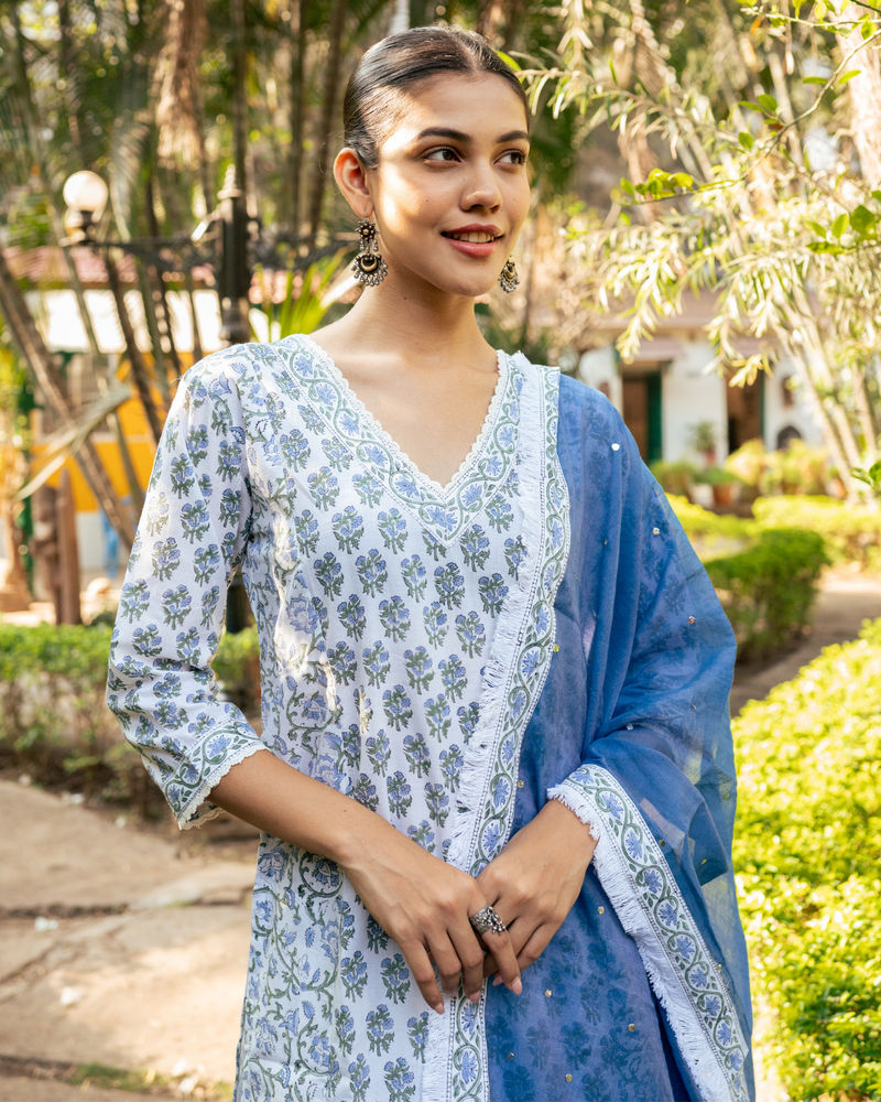 Ivory and Blue Hand Block Printed Skirt Set mul by Maison Shefali in multi color for women Worldwide