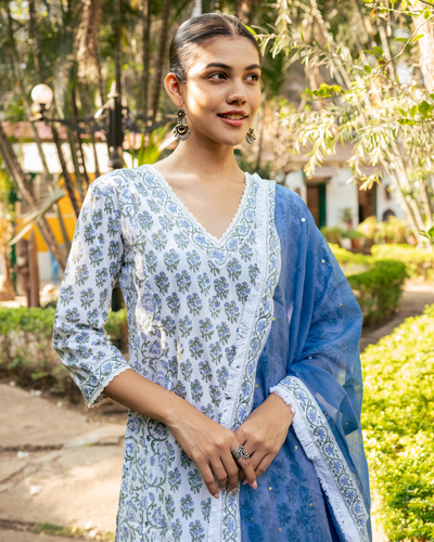 Ivory and Blue Hand Block Printed Skirt Set