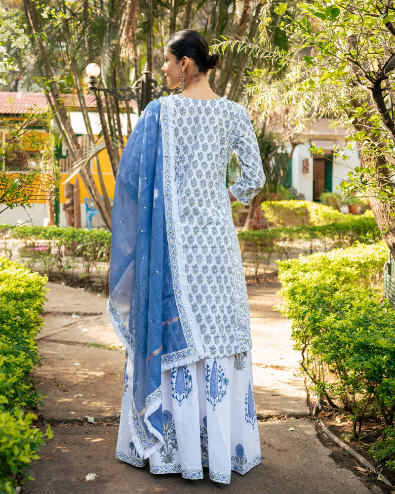 Ivory and Blue Hand Block Printed Skirt Set mul by Maison Shefali in multi color for women Worldwide