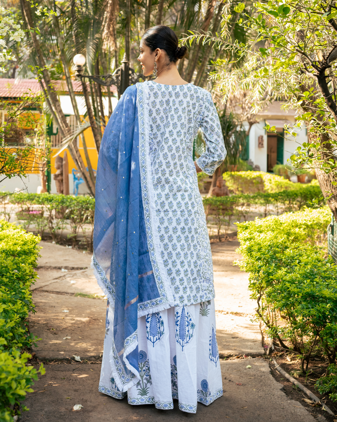 Ivory and Blue Hand Block Printed Skirt Set