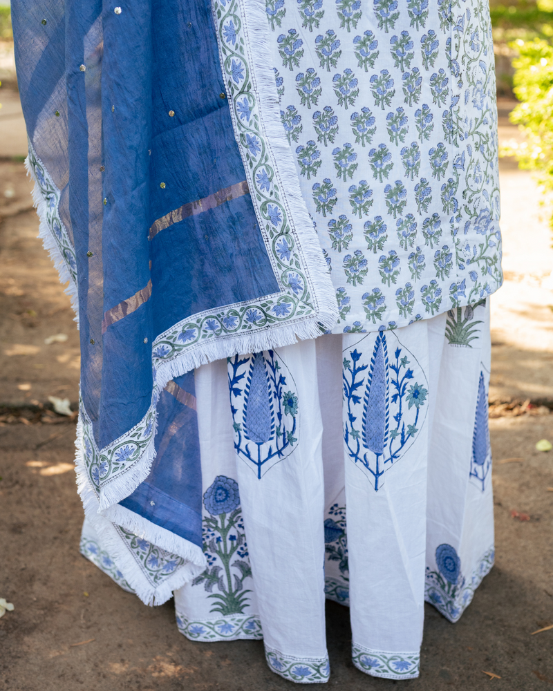 Ivory and Blue Hand Block Printed Skirt Set mul by Maison Shefali in multi color for women Worldwide
