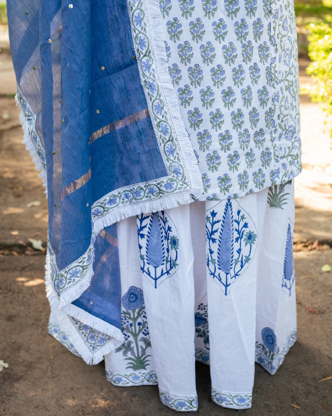 Ivory and Blue Hand Block Printed Skirt Set