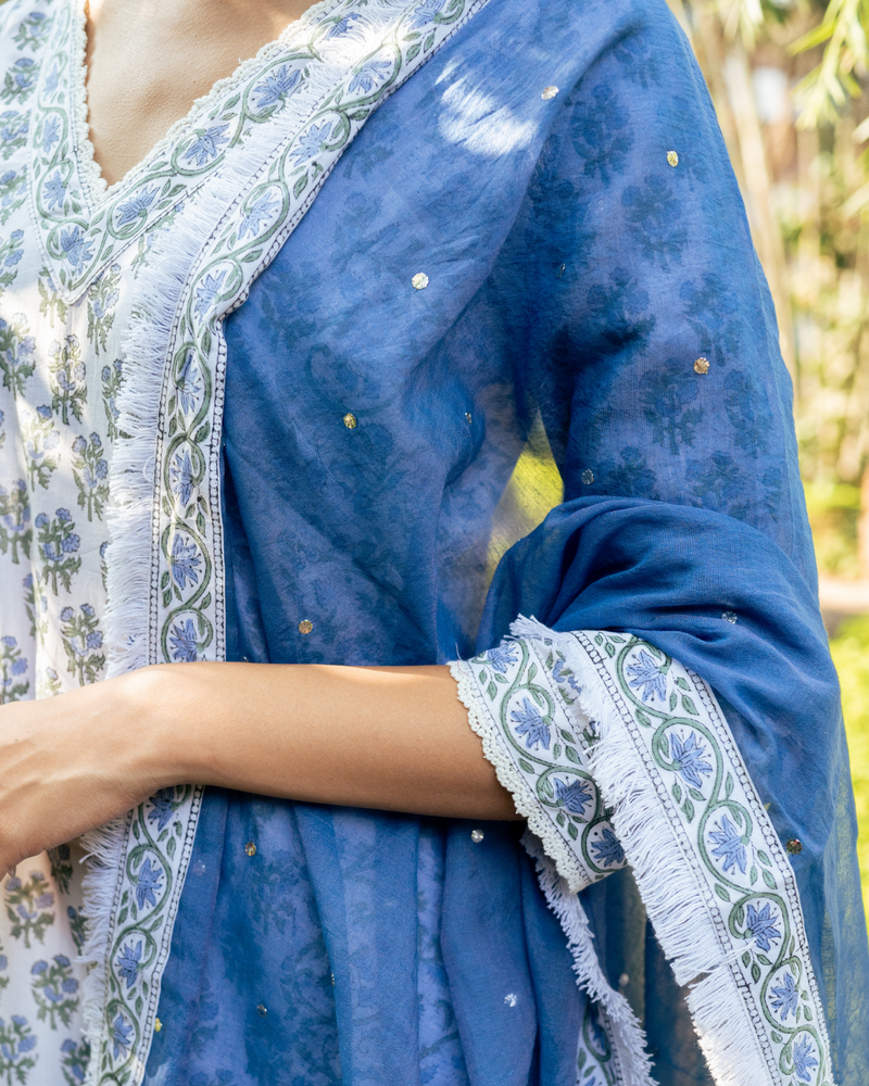 Ivory and Blue Hand Block Printed Skirt Set mul by Maison Shefali in multi color for women Worldwide