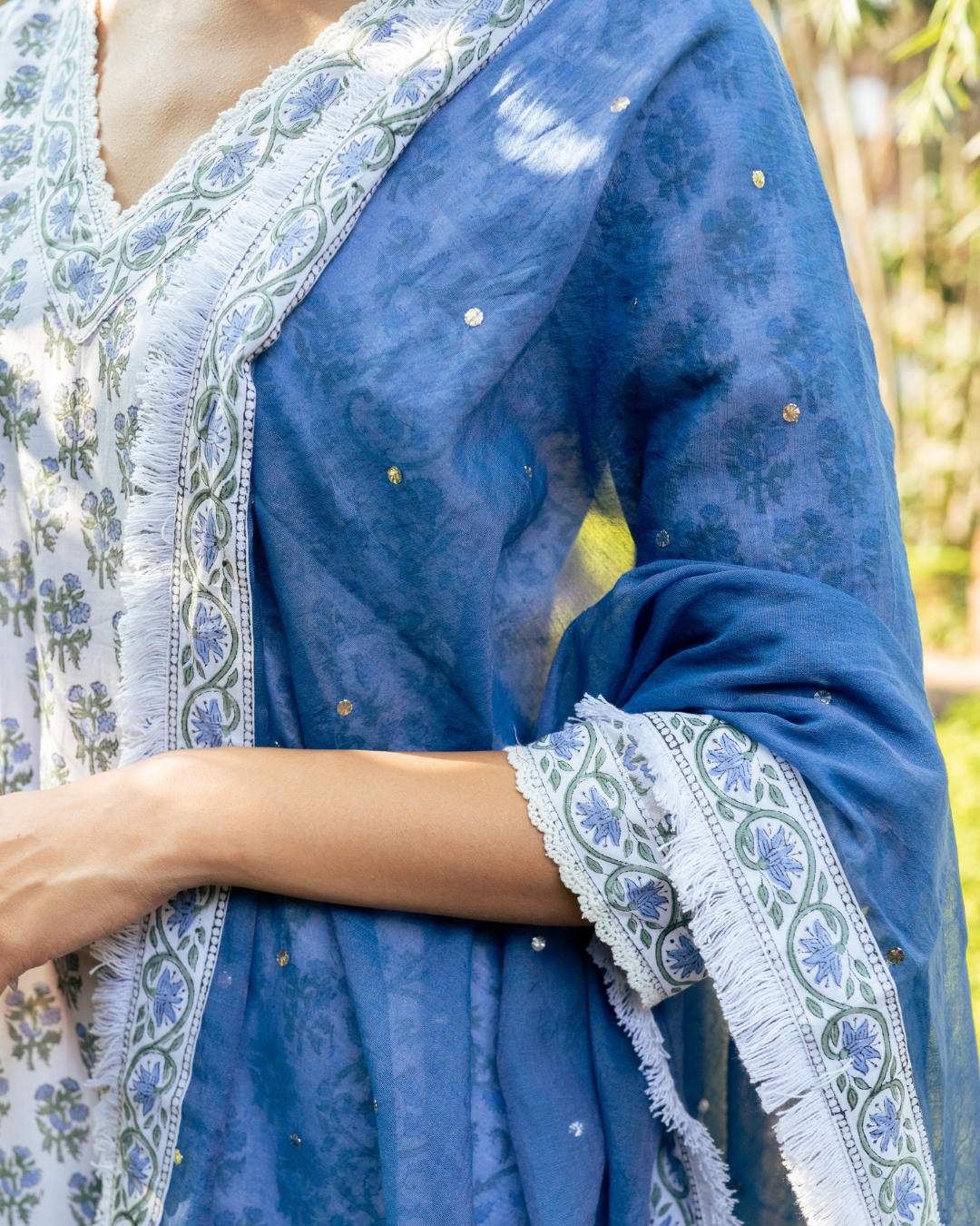 Ivory and Blue Hand Block Printed Skirt Set