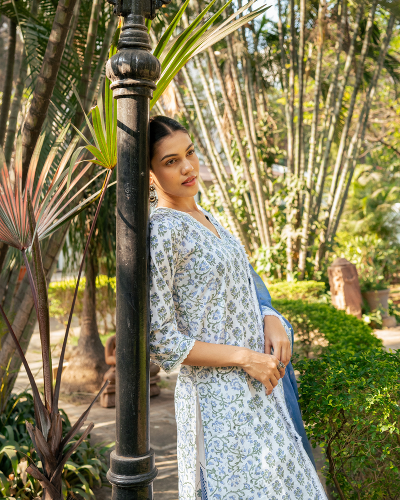 Ivory and Blue Hand Block Printed Skirt Set mul by Maison Shefali in multi color for women Worldwide