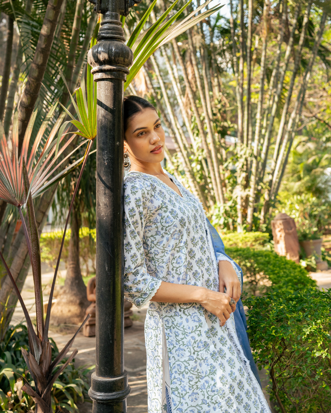 Ivory and Blue Hand Block Printed Skirt Set