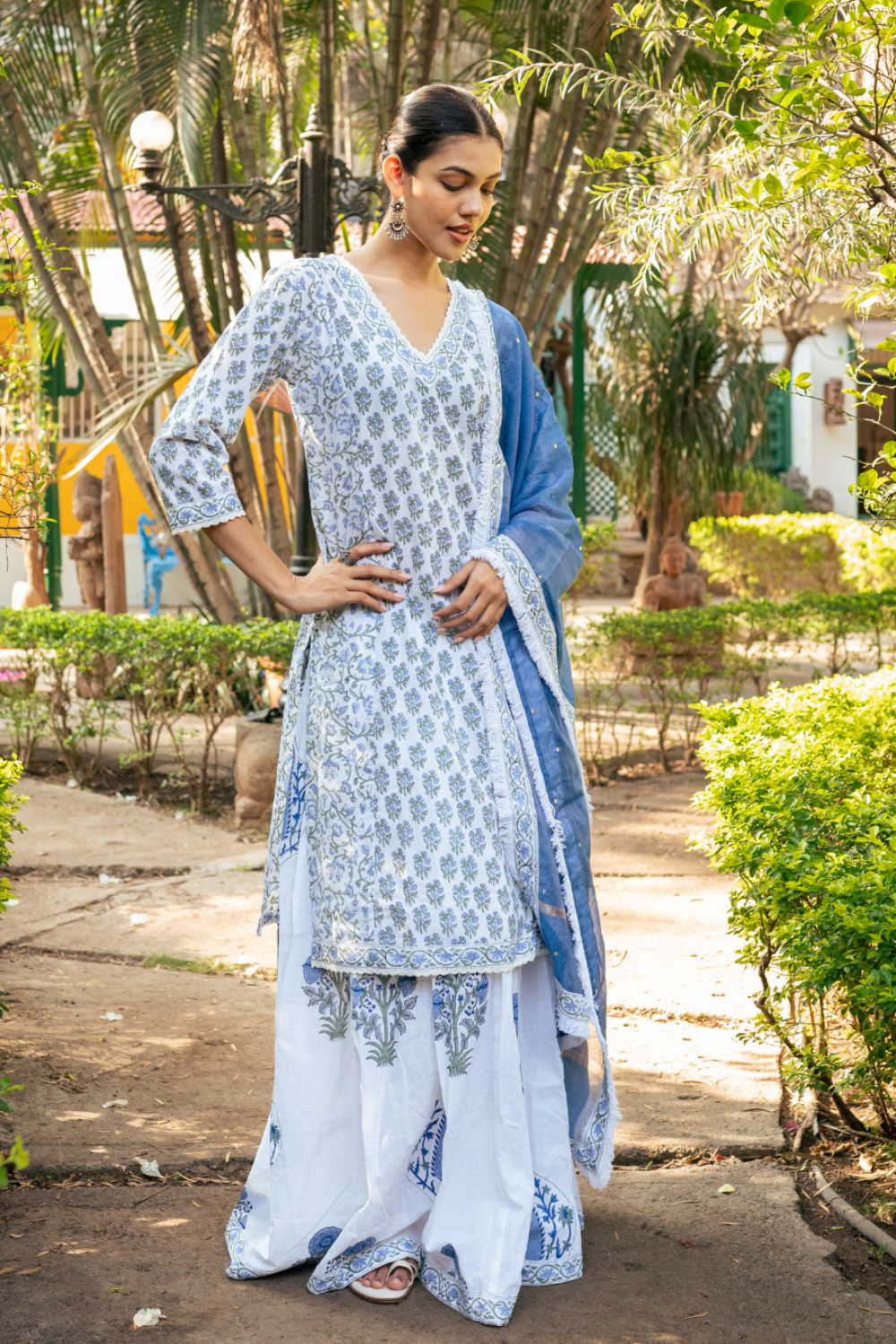 Ivory and Blue Hand Block Printed Skirt Set