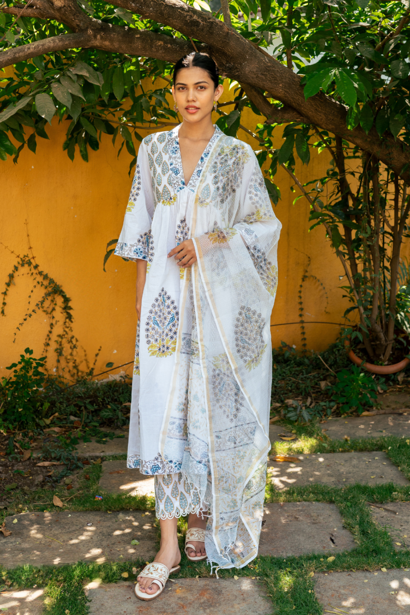 Ivory and Blue Hand Block Printed Kurta Set (MSSS24BWKS) mul by Maison Shefali in multi color for women Worldwide