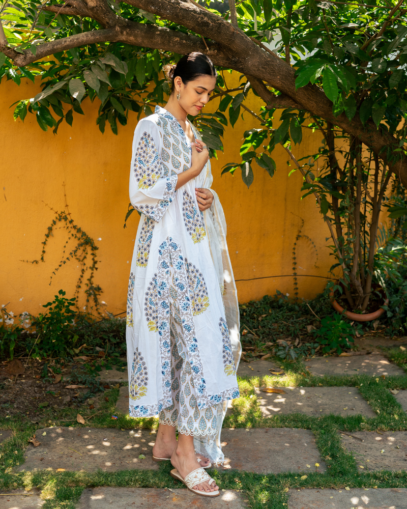 Ivory and Blue Hand Block Printed Kurta Set (MSSS24BWKS) mul by Maison Shefali in multi color for women Worldwide