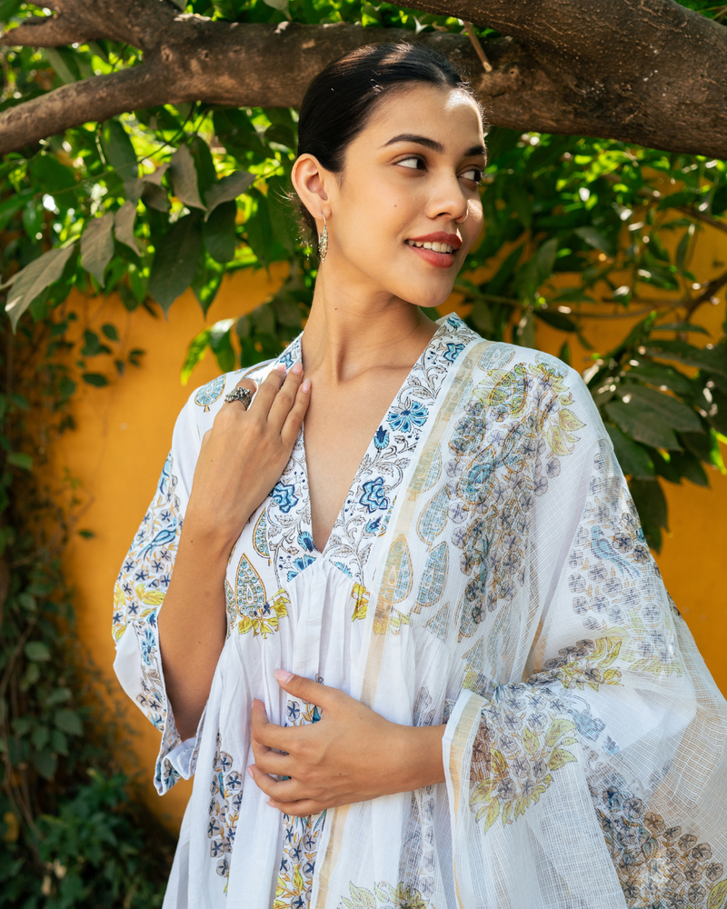 Ivory and Blue Hand Block Printed Kurta Set (MSSS24BWKS) mul by Maison Shefali in multi color for women Worldwide