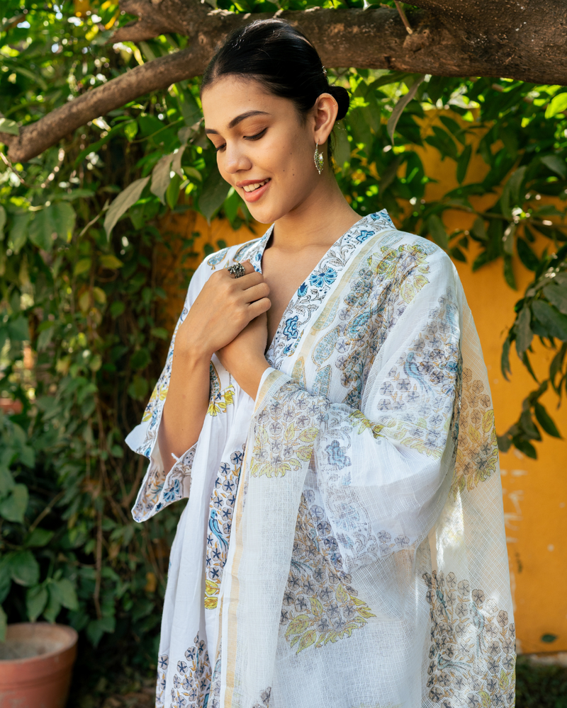 Ivory and Blue Hand Block Printed Kurta Set (MSSS24BWKS) mul by Maison Shefali in multi color for women Worldwide
