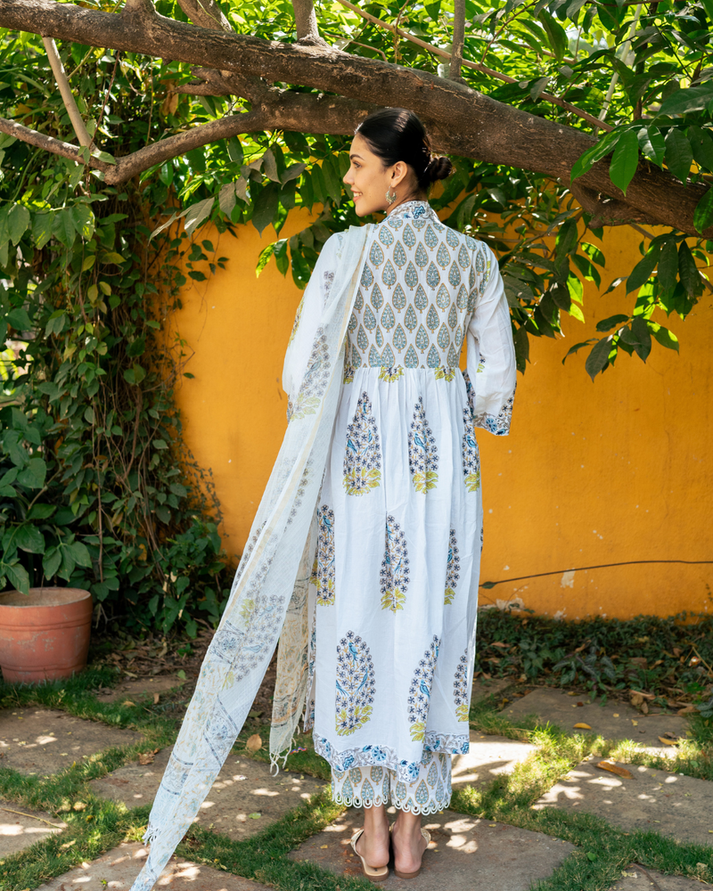 Ivory and Blue Hand Block Printed Kurta Set (MSSS24BWKS) mul by Maison Shefali in multi color for women Worldwide