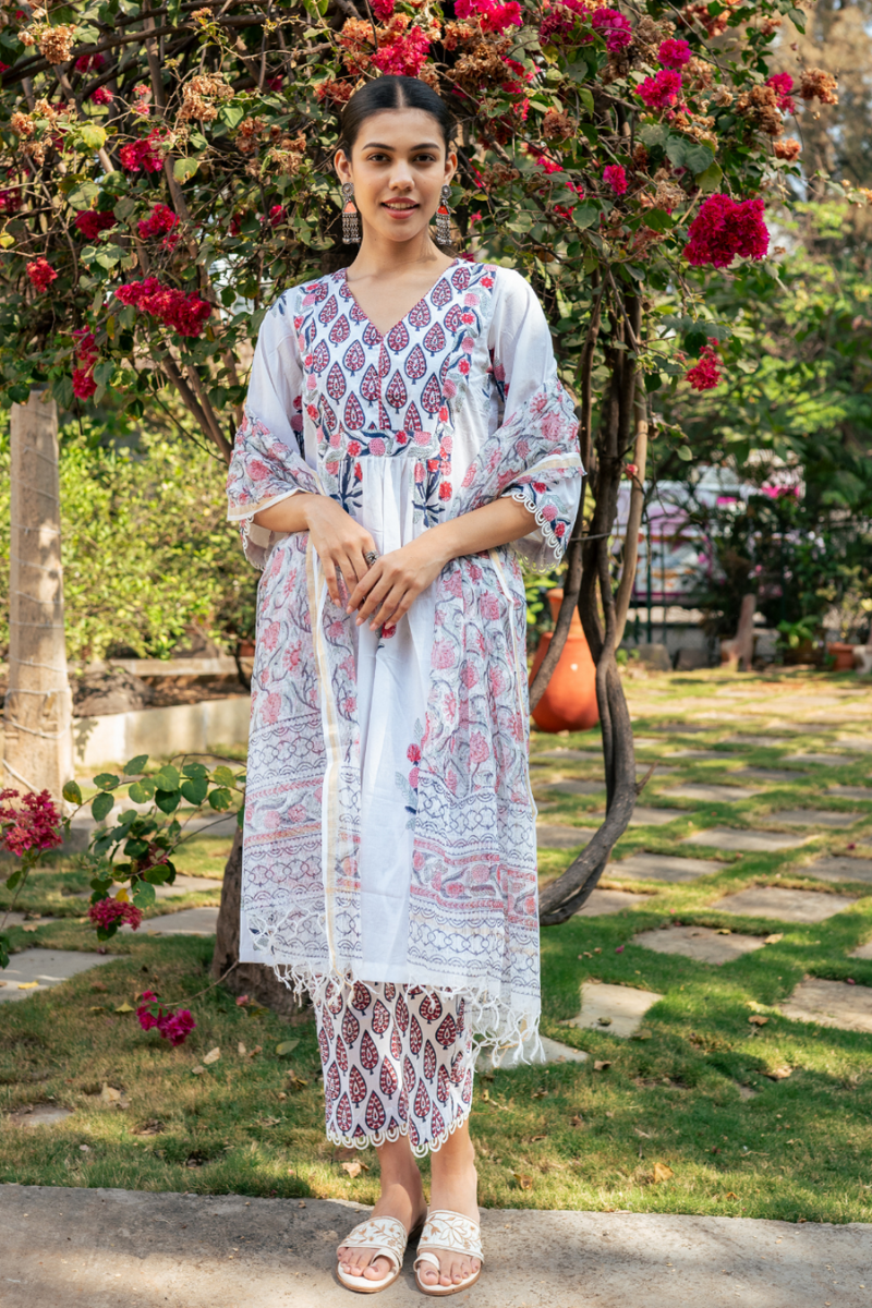 Ivory and Pink Hand Block Printed Kurta Set mul by Maison Shefali in multi color for women Worldwide