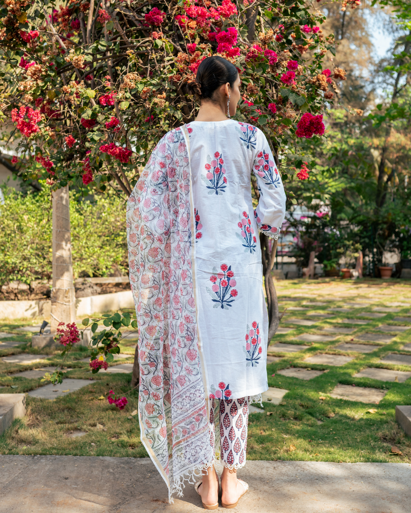 Ivory and Pink Hand Block Printed Kurta Set mul by Maison Shefali in multi color for women Worldwide