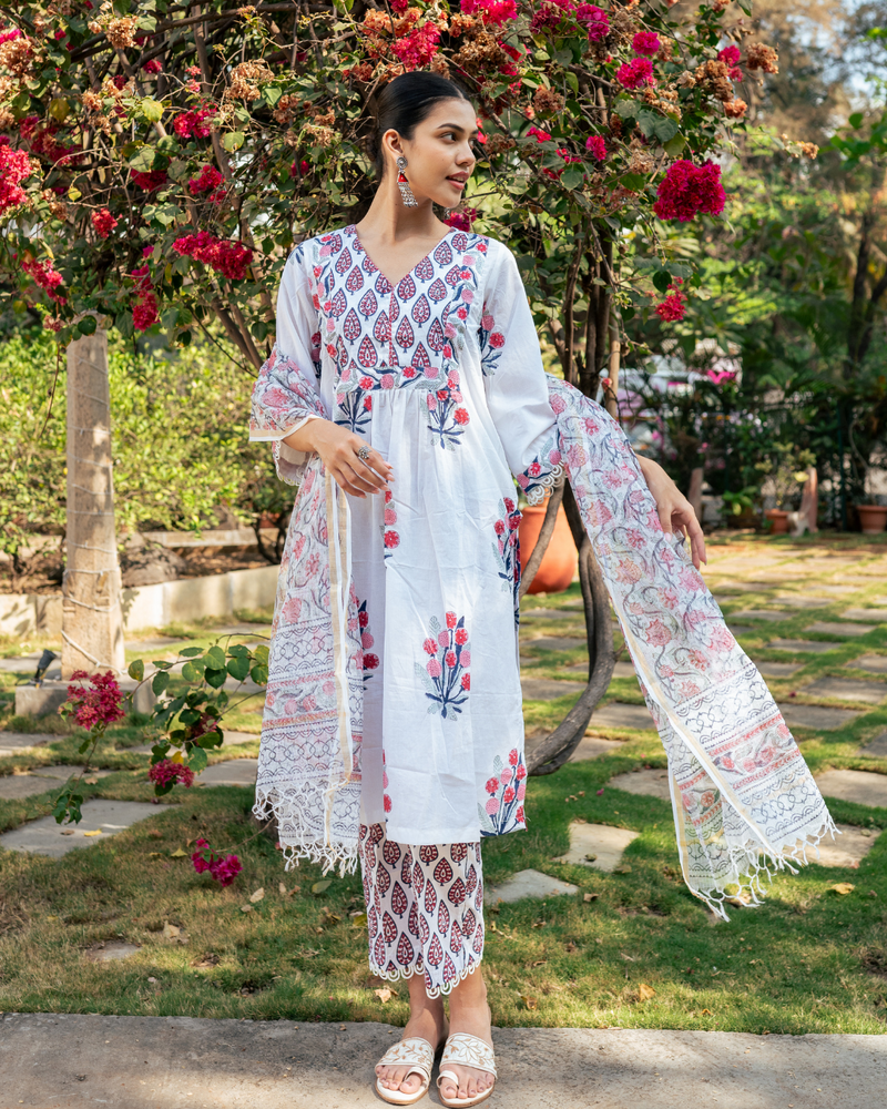 Ivory and Pink Hand Block Printed Kurta Set mul by Maison Shefali in multi color for women Worldwide