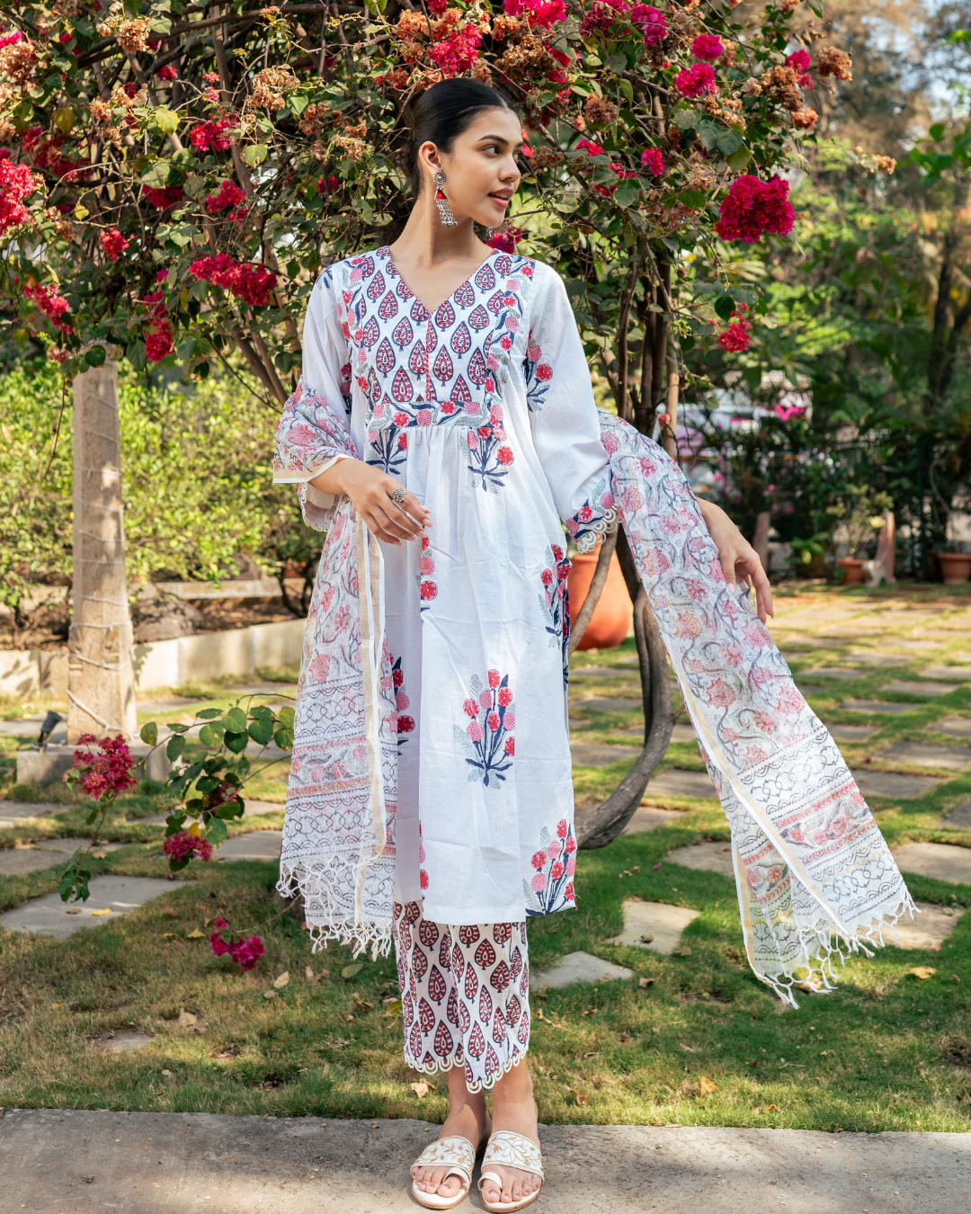 Ivory and Pink Hand Block Printed Kurta Set