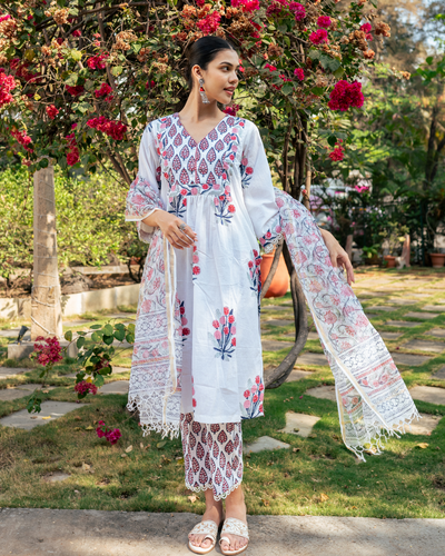 Ivory and Pink Hand Block Printed Kurta Set