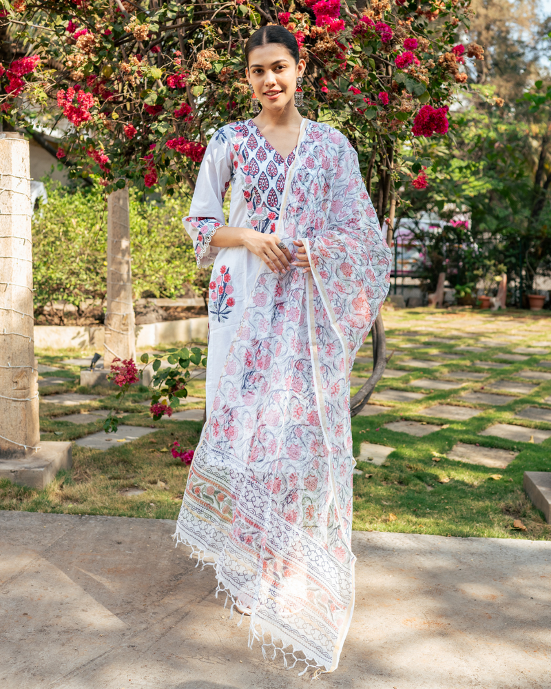 Ivory and Pink Hand Block Printed Kurta Set mul by Maison Shefali in multi color for women Worldwide