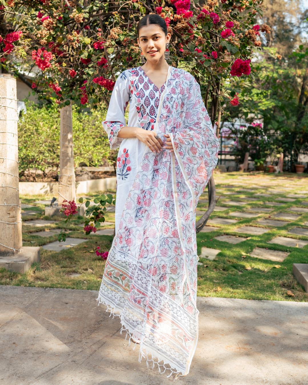 Ivory and Pink Hand Block Printed Kurta Set