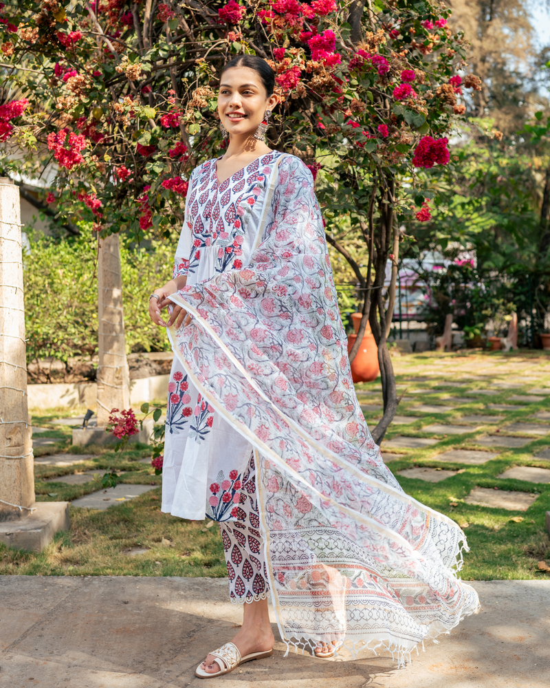 Ivory and Pink Hand Block Printed Kurta Set mul by Maison Shefali in multi color for women Worldwide