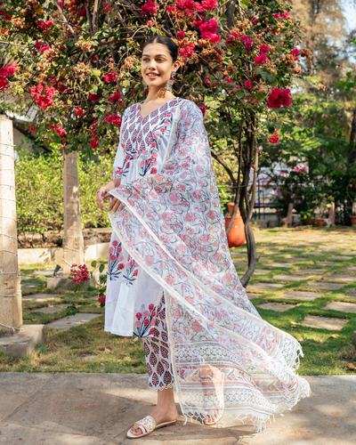 Ivory and Pink Hand Block Printed Kurta Set