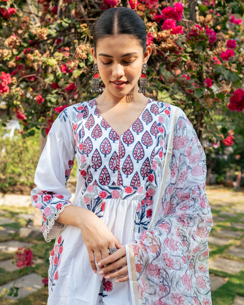 Ivory and Pink Hand Block Printed Kurta Set mul by Maison Shefali in multi color for women Worldwide