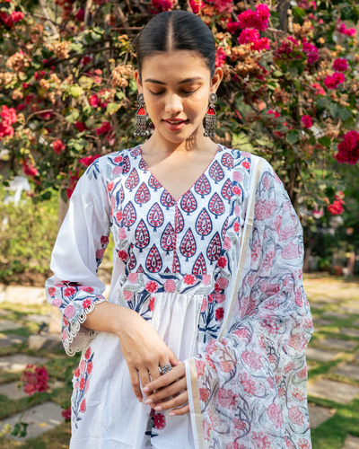 Ivory and Pink Hand Block Printed Kurta Set