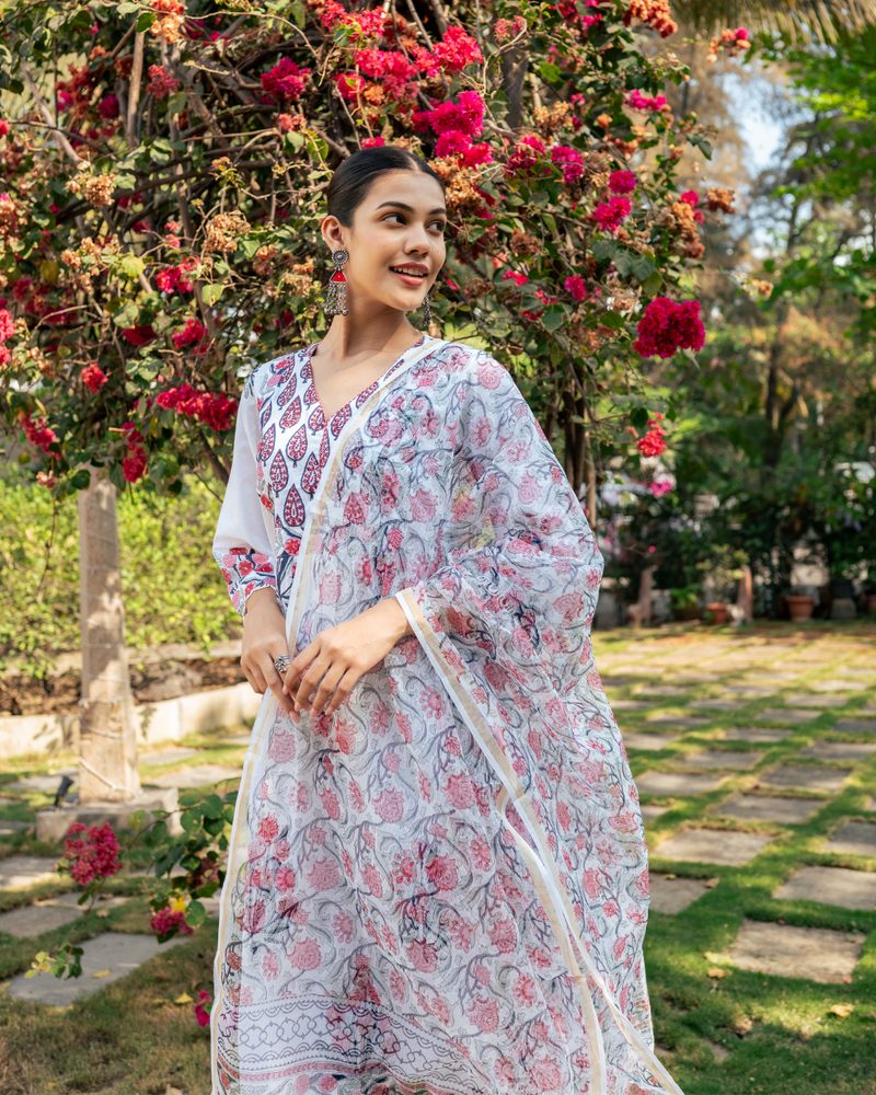 Ivory and Pink Hand Block Printed Kurta Set mul by Maison Shefali in multi color for women Worldwide