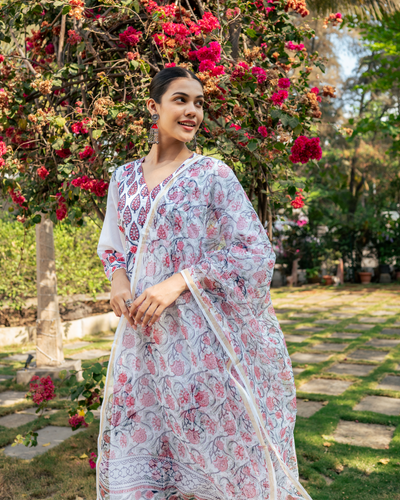 Ivory and Pink Hand Block Printed Kurta Set