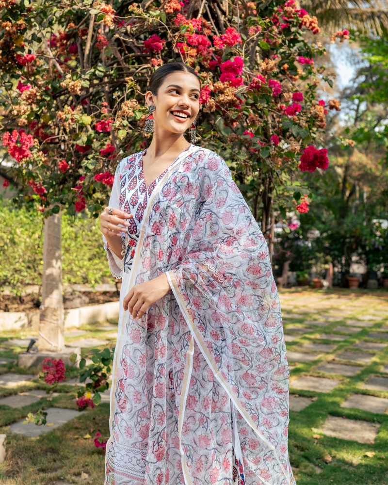 Ivory and Pink Hand Block Printed Kurta Set mul by Maison Shefali in multi color for women Worldwide