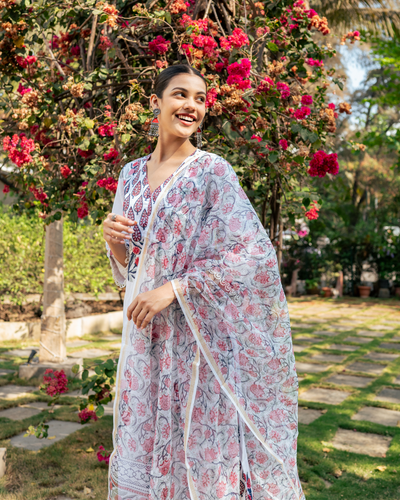 Ivory and Pink Hand Block Printed Kurta Set