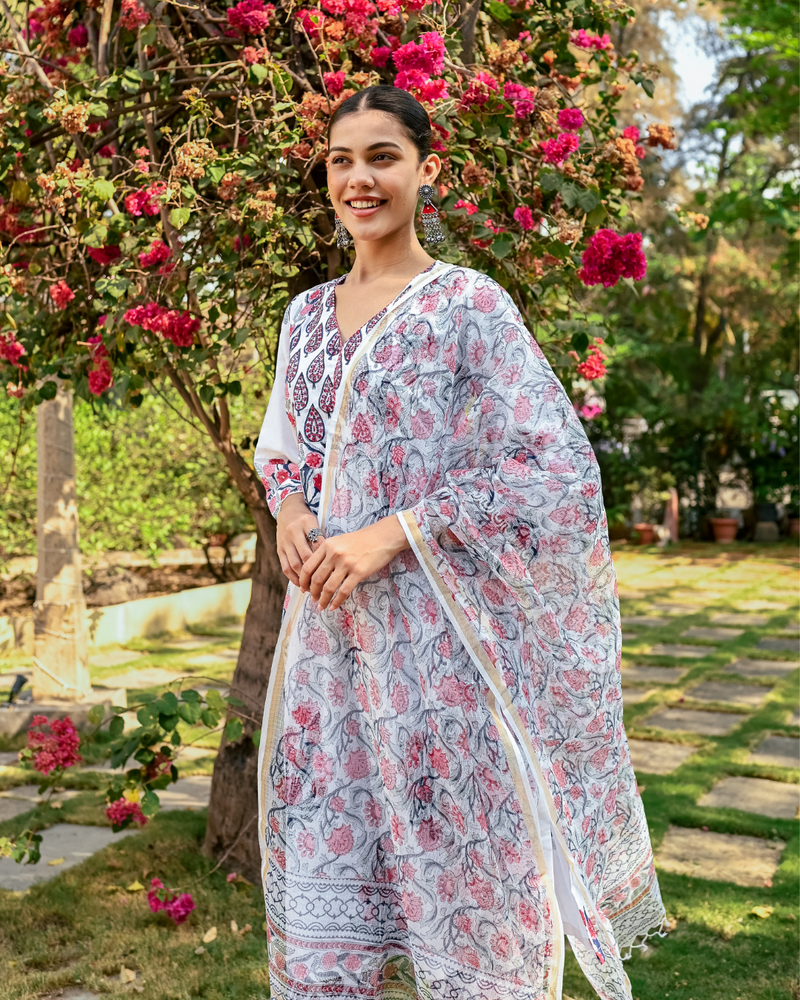Ivory and Pink Hand Block Printed Kurta Set mul by Maison Shefali in multi color for women Worldwide