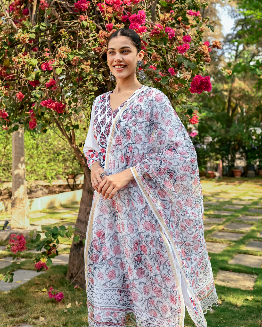 Ivory and Pink Hand Block Printed Kurta Set