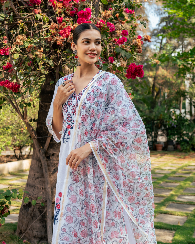 Ivory and Pink Hand Block Printed Kurta Set mul by Maison Shefali in multi color for women Worldwide