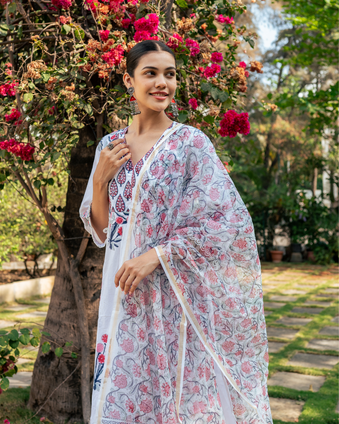 Ivory and Pink Hand Block Printed Kurta Set