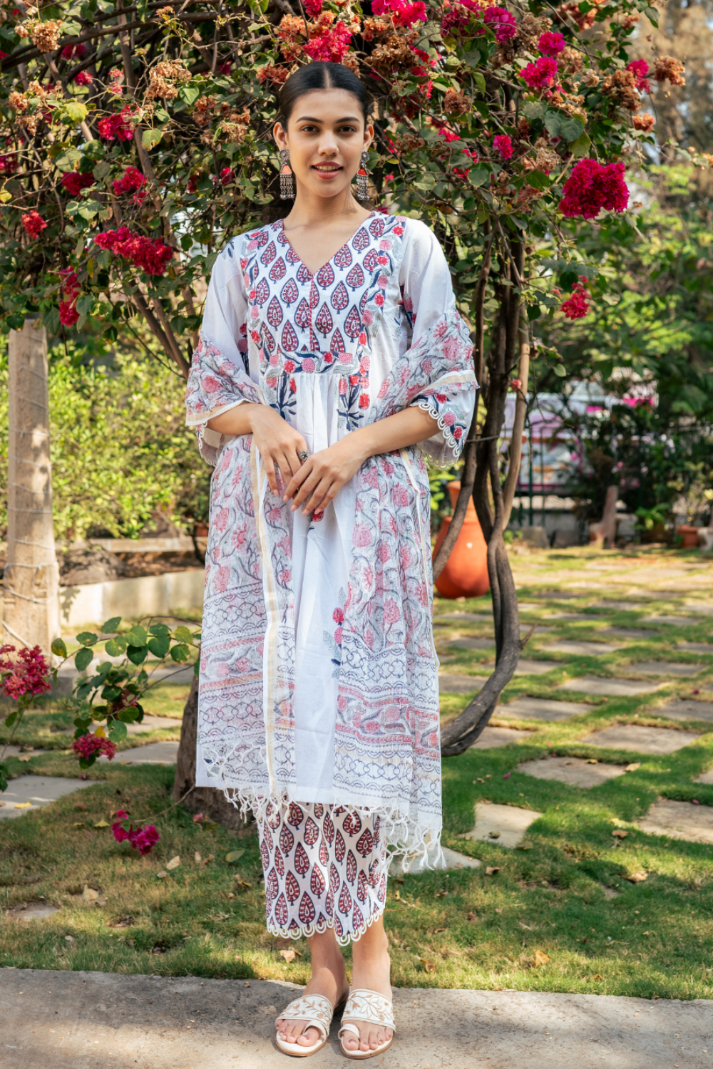 Ivory and Pink Hand Block Printed Kurta Set