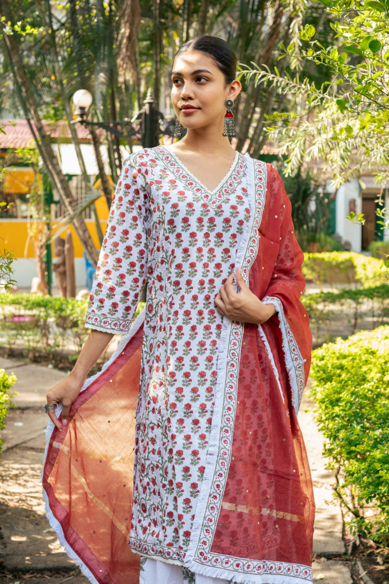 Ivory and Red Hand Block Printed Skirt Set mul by Maison Shefali in multi color for women Worldwide