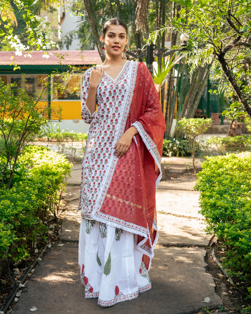 Ivory and Red Hand Block Printed Skirt Set mul by Maison Shefali in multi color for women Worldwide