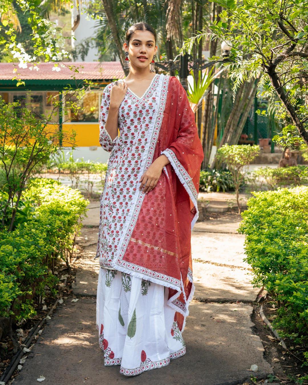 Ivory and Red Hand Block Printed Skirt Set