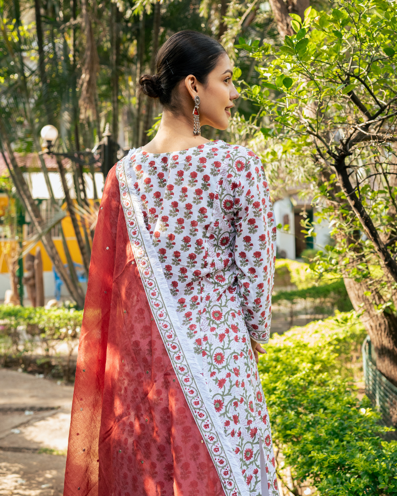 Ivory and Red Hand Block Printed Skirt Set mul by Maison Shefali in multi color for women Worldwide