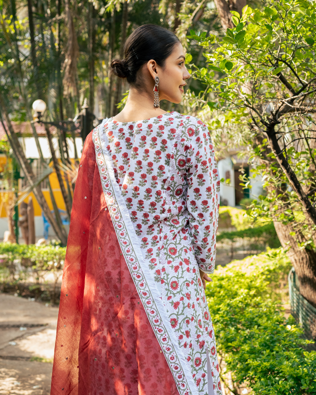 Ivory and Red Hand Block Printed Skirt Set