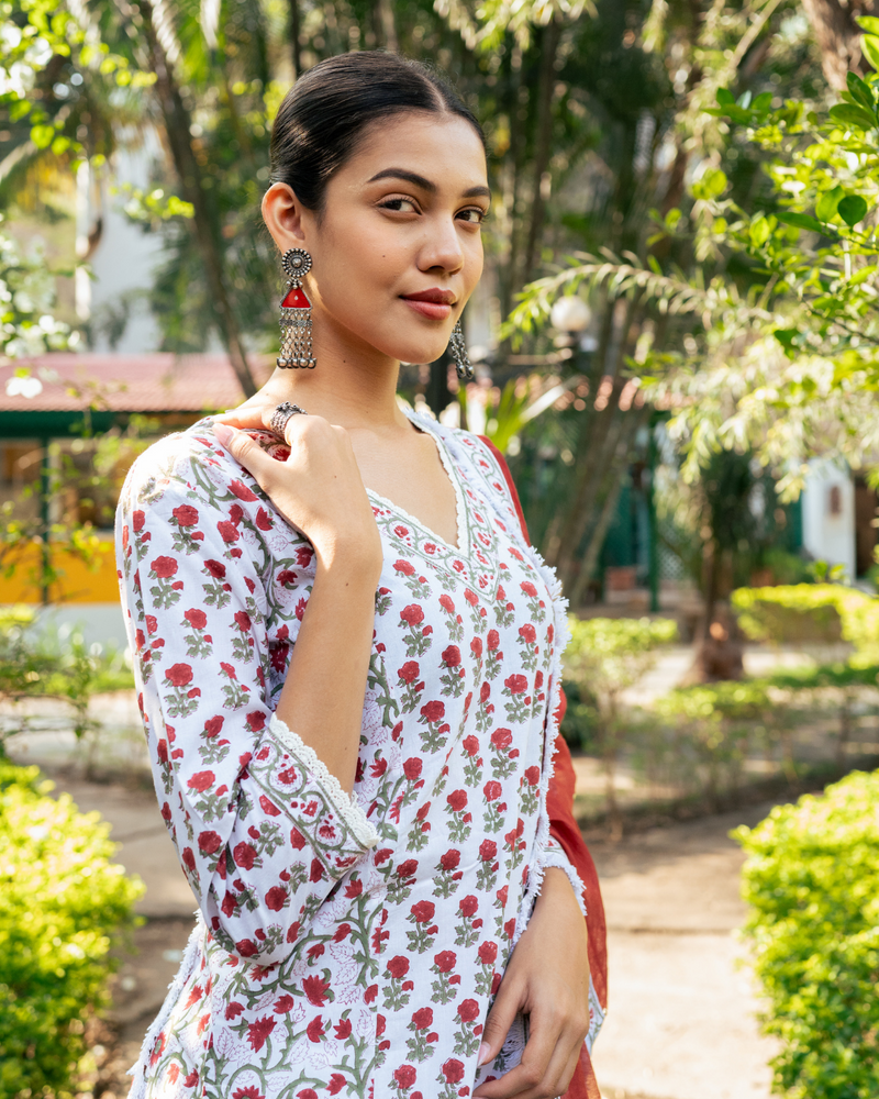 Ivory and Red Hand Block Printed Skirt Set mul by Maison Shefali in multi color for women Worldwide