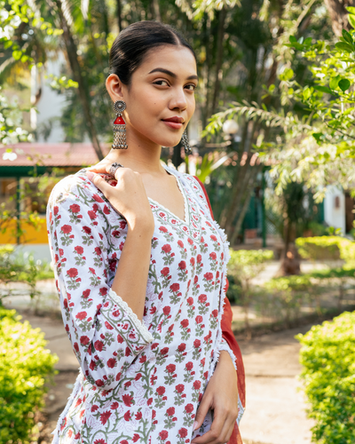 Ivory and Red Hand Block Printed Skirt Set