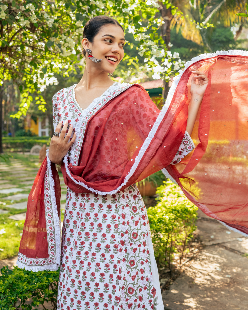 Ivory and Red Hand Block Printed Skirt Set mul by Maison Shefali in multi color for women Worldwide