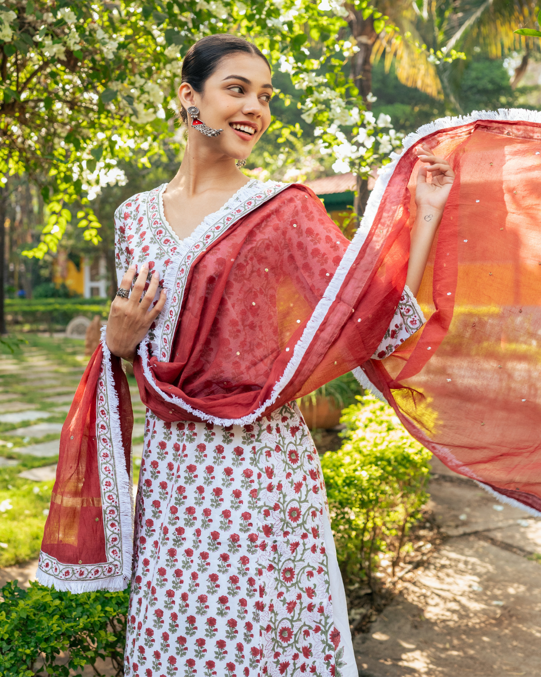 Ivory and Red Hand Block Printed Skirt Set