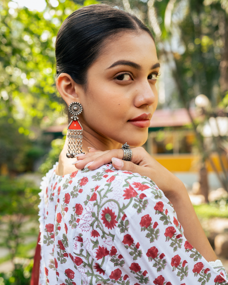 Ivory and Red Hand Block Printed Skirt Set mul by Maison Shefali in multi color for women Worldwide