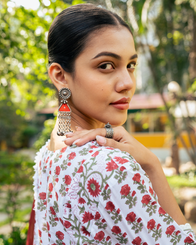 Ivory and Red Hand Block Printed Skirt Set