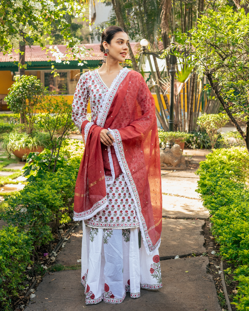 Ivory and Red Hand Block Printed Skirt Set mul by Maison Shefali in multi color for women Worldwide