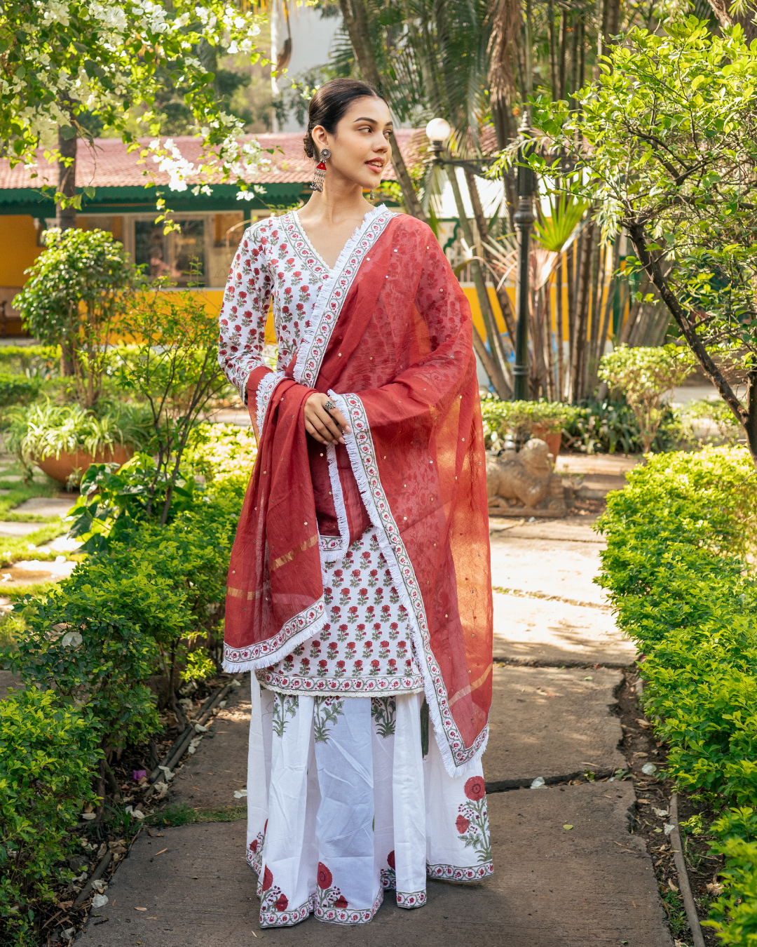 Ivory and Red Hand Block Printed Skirt Set