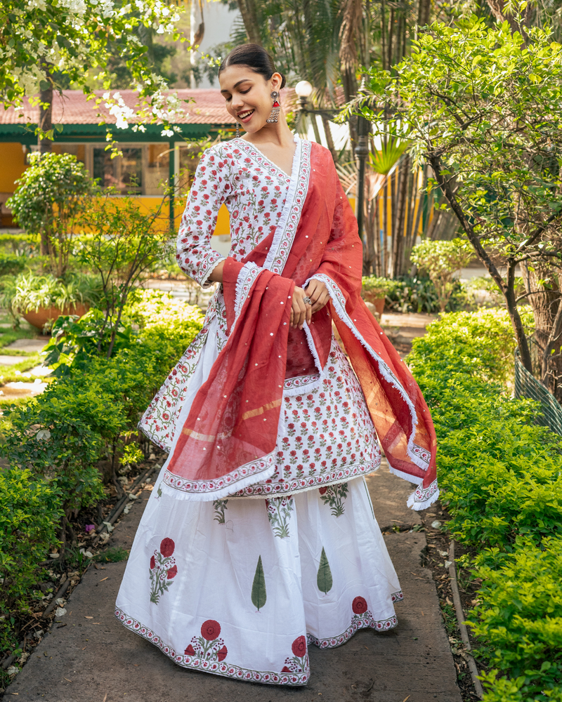 Ivory and Red Hand Block Printed Skirt Set mul by Maison Shefali in multi color for women Worldwide